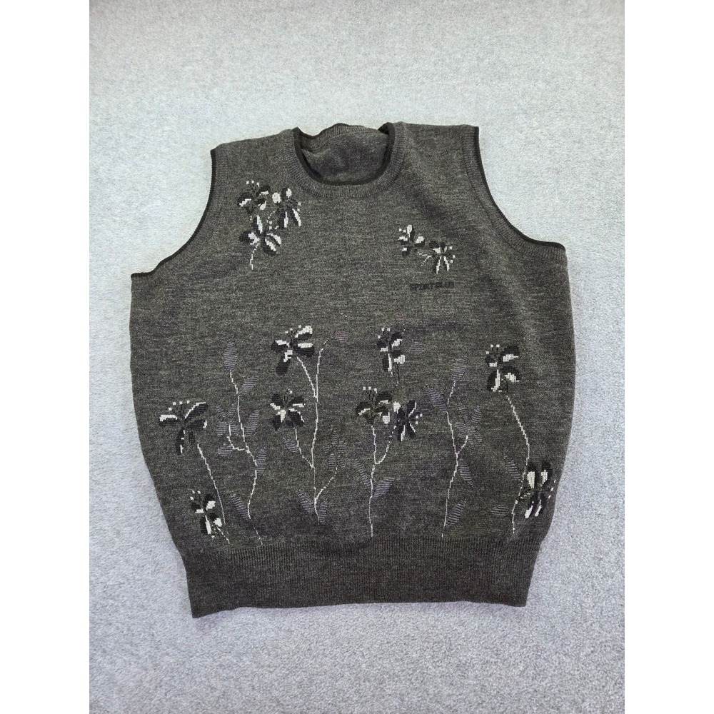 Sport Club Floral Knit Crewneck Sweater Vest M Grey Cottagecore Dark Academia